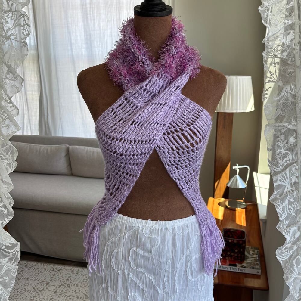 Scarf Style Halter Top Tube Top Y2K Lavender Purple Knit Fringe Festival 60 Inch